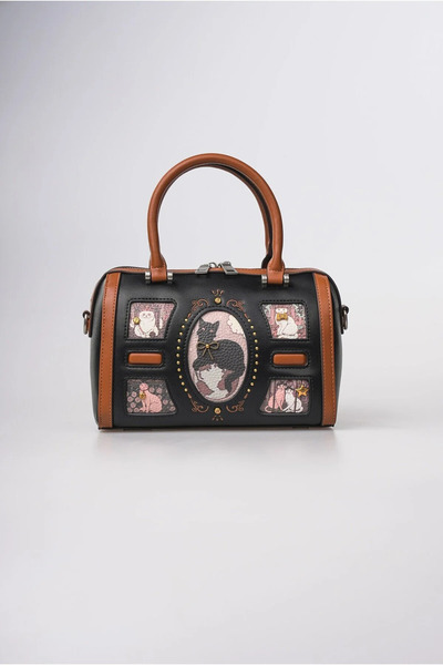 ÇÇS Women's Cat Patterned Vintage Leather Look Cylinder Model Zippered Hand a...