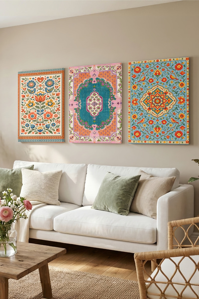 shishka 3'lü Modern Kanvas Tablo Seti -Kilim Desen Temalı Duvar Tablosu - Ev ...