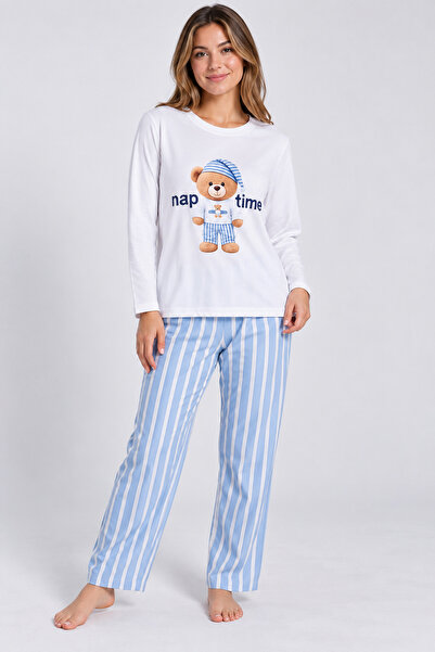 AYSUN TEKSTİL Women's Long Sleeve Teddy Bear Printed Pajama Set 100% Cotton