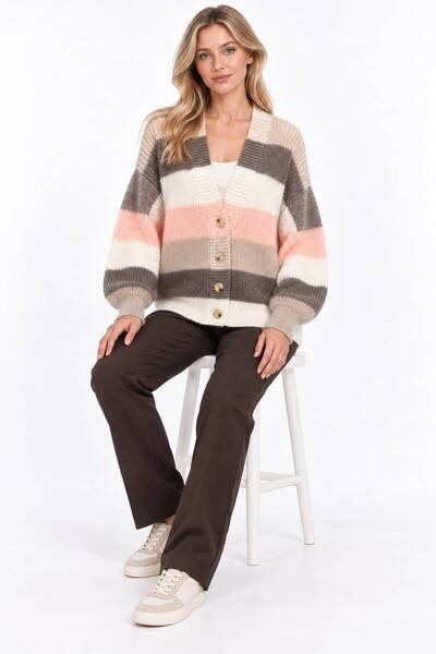 Sfg Life Moda Women's Striped Color-Blocked Buttoned V-Neck Knitwear Cardigan