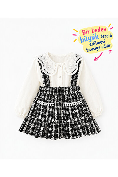 mirkidsclub Girl's Black and White Plaid Gilet Skirt and Shirt 2-Piece Stylis...