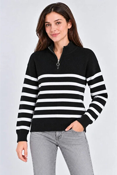 MODA ŞEHRİ High neck half zippered striped thessaloniki knitwear sweater - black