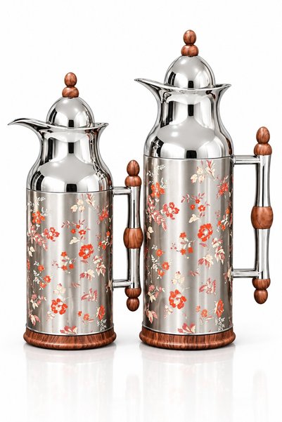 Generic Trams Silver Steel Hospitality Set with Red Rose Patterns and Wood Accents (1L + 0.7L) - Nature's Beauty and Elegance Adorns Your Table