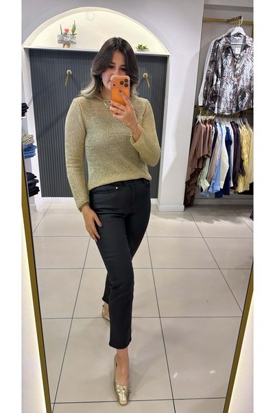 HandeButik Kadın Mumlu / Deri Efektli Yüksek Bel Dar Paça Pantolon