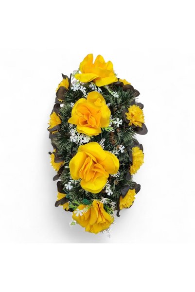 fara marca Coroană funerară, artificială, cu 4 trandafiri galbeni și 8 dalii ...