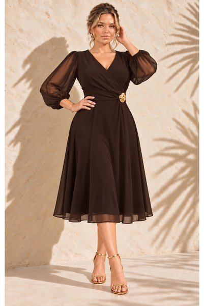 Butik Nilyam Γυναικείο Μίντι Βραδινό Φόρεμα από Σιφόν με Μακρύ Μανίκι, Διπλό ...