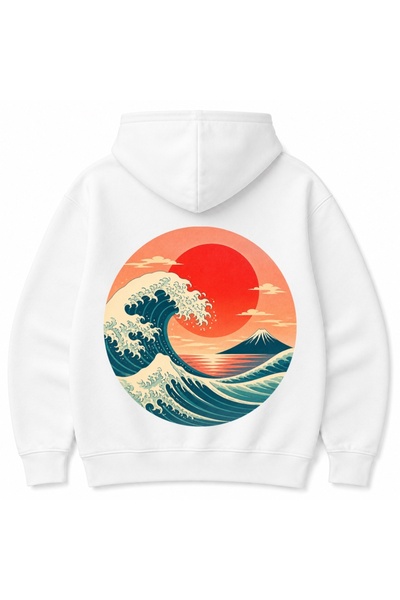 Rabona Fashion Sunset Wave – Japanese Great Ocean Wave Rising Sun Graphic Hoodie