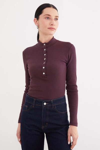 Fulla Moda Μπλούζα με ριμπ ύφανση, μισό κούμπωμα, ψηλό γιακά και στενή εφαρμογή