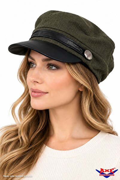 AXE SPORTSWEAR Dark Khaki Cashmere Captain's Cap Hat with Faux Leather Detail...