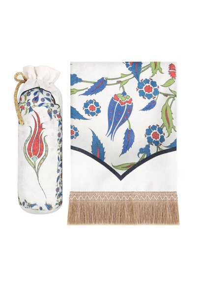 Bursa İpek Red Ottoman Tulip Pattern Velvet Prayer Rug with Pouch