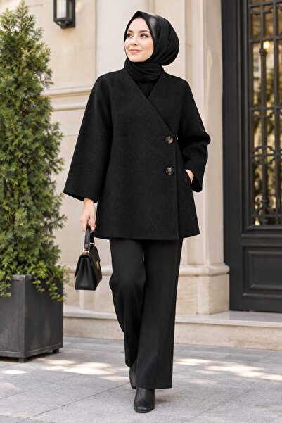 Giyim Gezegeni Women's Hijab Black Cashmere Poncho Jacket Buttoned Oversize W...