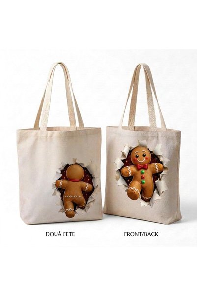 OEM Canvas Tote Bag with Zippered – Gingerbread Christmas – 3D Gingerbread Me...