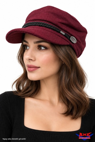 AXE SPORTSWEAR Burgundy Cashmere Captain's Cap Hat with Rope Detail Stylish D...