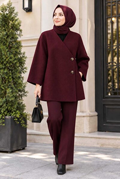 Giyim Gezegeni Women's Hijab Burgundy Cashmere Poncho Jacket Buttoned Oversiz...