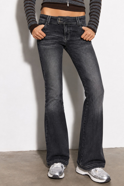 Messy Girls Y2K 2000S Washed Low Waist Spanish Flare Side Belted Double Button Studded Pocket Detailed Flare Anthracite Jean Trousers