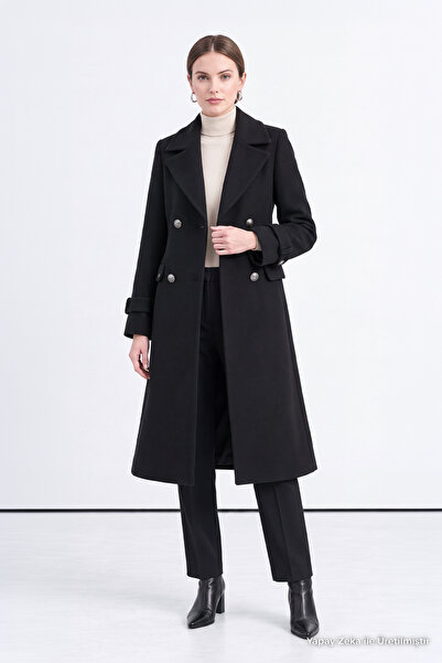 Zühre Jacket Collar Double-Breasted Black Coat 13570
