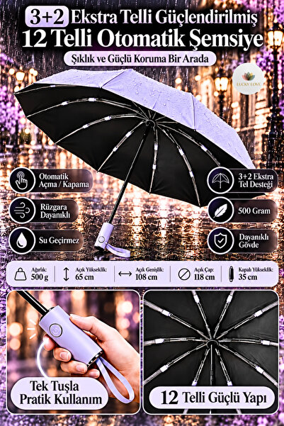 Lucky Love 12 Telli Güçlendirilmiş Klasik Otomatik Şemsiye Rüzgara Dayanıklı ...