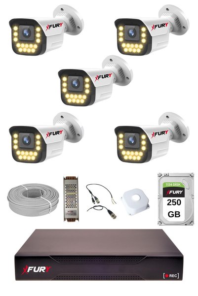FURY 5 li 15 Warm Led Gece Renkli Görüş Su Geçirmez Güvenlik Kamerası Seti 250GB