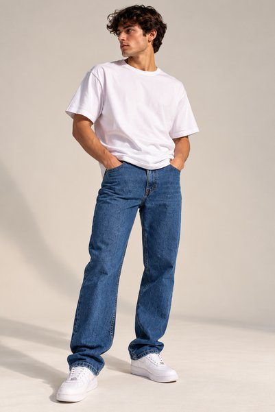Erkek Mavi Baggy Jean Pantolon Bol Kesim Rahat Kalıp Denim