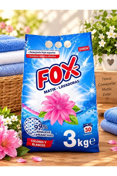 Fox Matik Toz Çamaşır Deterjanı 3 Kg Renkliler ve Beyazlar 30 Yıkama Ekonomik...
