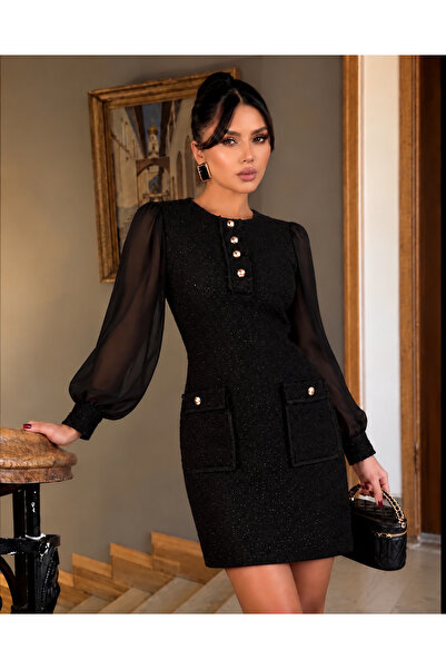 Divin store Rochie elegantă neagră, cu sclipici discret, mâneci lungi din voa...