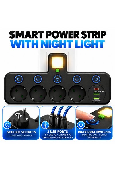 Staryon Multipriza perete 7 in 1 Staryon, 2500W, 4 Schuko, 2 USB-A, USB-C, in...