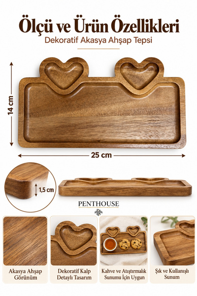 Penthouse Decorative Acacia Wood Presentation Tray with Heart Detail for Serving Coffee, Tea, and Snacks