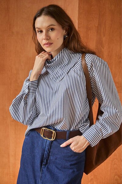 ZÜLAYS Shawl Collar Striped Shirt Navy Blue