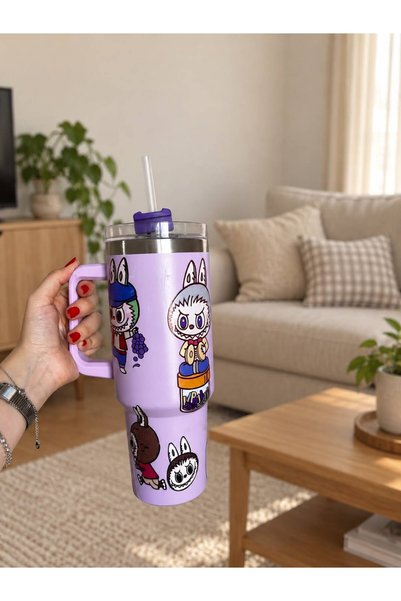Labubu Desenli Mor Pipetli Kulplu Çelik Termos Bardak