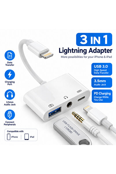 Staryon Adaptor OTG 3 In 1 Lightning La USB 3.0, Jack Audio 3.5mm, Port Incar...