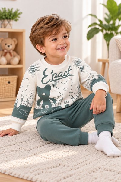 Wow colors Boy's Teddy Bear Printed Double Tracksuit Set for Ages 1, 2, 3, 4