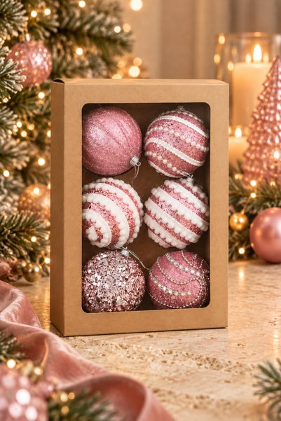 Lüks 6'lı Yılbaşı Ağacı Süsü 8 cm Pembe Simli Taşlı Boncuklu Top Seti - Kutulu