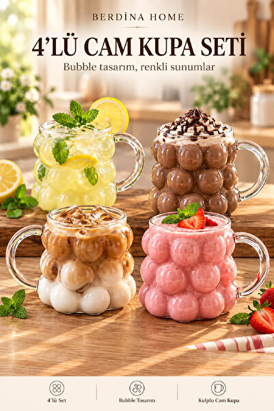 Berdina Home 4’lü Bubble Cam Kupa Seti Kulplu Kahve Latte Limonata ve Smoothie Sunum Bardağı 350 ml
