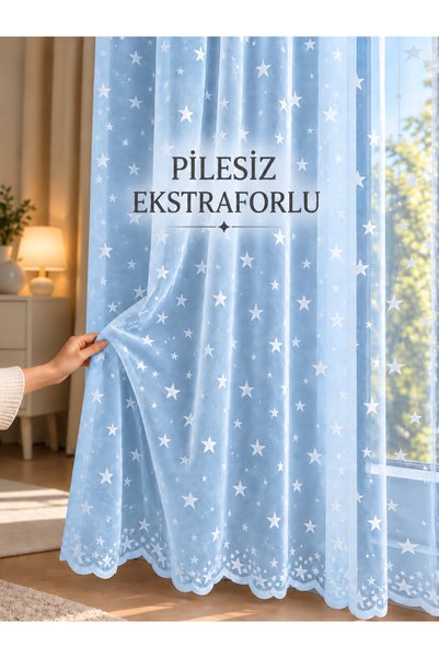 The Rose Mavi Yıldızlı Çocuk Odası Perdesi Pilesiz Ekstrafor Büzgülü Kullanım...