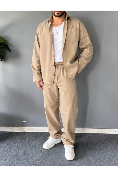 Generic Brand Σέτ Παντελόνι + Πουκάμισο Oversized – Μπέζ