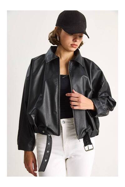 maf collection Women's Black Shirt Collar Leather Jacket with Zipper and Belt Detail at the Bottom and Pockets