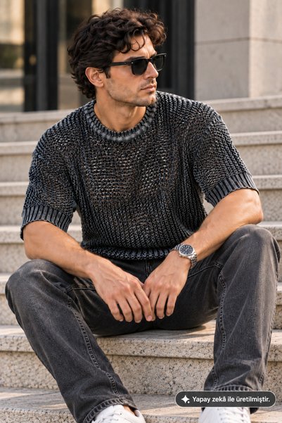 sifu tekstil Men's Crew Neck Short Sleeve Stonewashed Summer Knit Sweater – C...