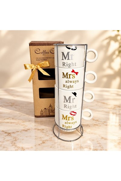 velve Set 4 cani Mr Right si Mrs Always Right, 200 ml fiecare, cu suport meta...
