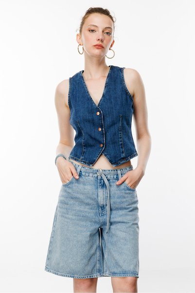 Denim Trip Fitted Slim Crop Fit Koyu İndigo Kadın Jean Yelek