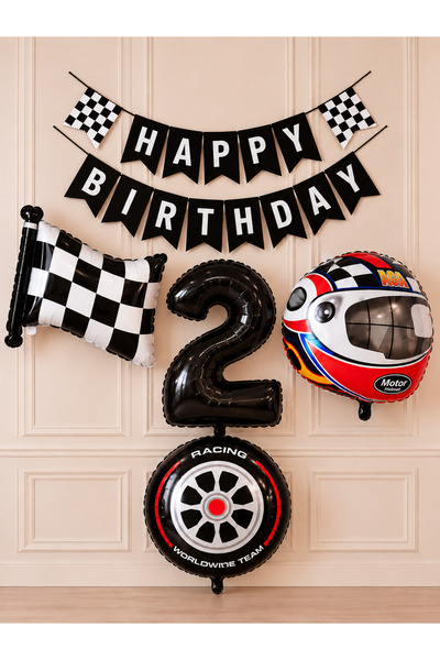 ALYA Party 2 Years Old Race Themed Birthday Decoration Set 4-Piece Foil Ballo...