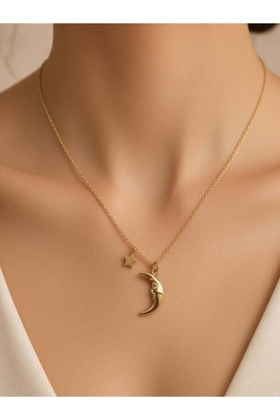 Buticul Moon Colier auriu cu lună și stea-Placat aur 18K PVD- Certificat de garantie 24 luni