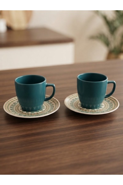 Elista Ethnic Patterned 2-Piece Turkish Coffee Cup Set - Emerald Green