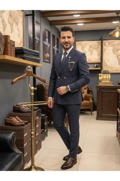 ŞIK ADAM Erkek Lacivert Kendinden Çizgili Kruvaze Slim Fit Takım Elbise