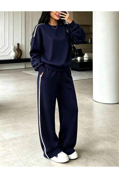 LOUİSA Women's Navy Blue Oversize Sweatshirt with Stripe Detail - Navy Blue S...