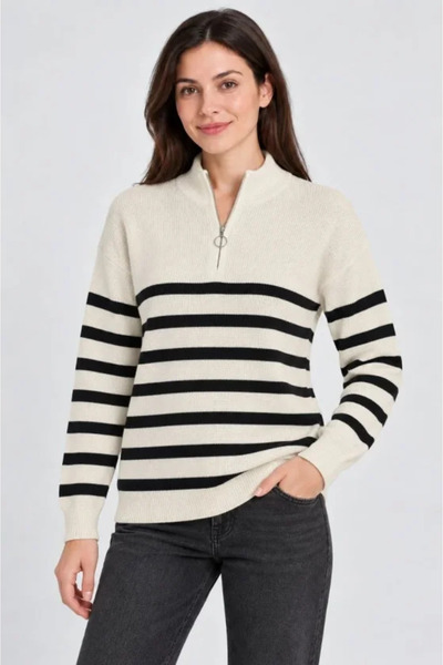 Generic Brand High neck half zippered striped thessaloniki knitwear sweater -...