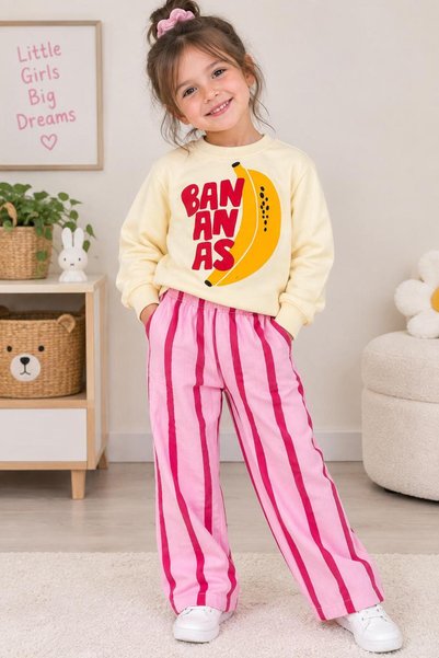 KIZ ÇOCUK BANANA BASKILI UZUN KOLLU ÇİZGİLİ PANTOLONLU TAKIM