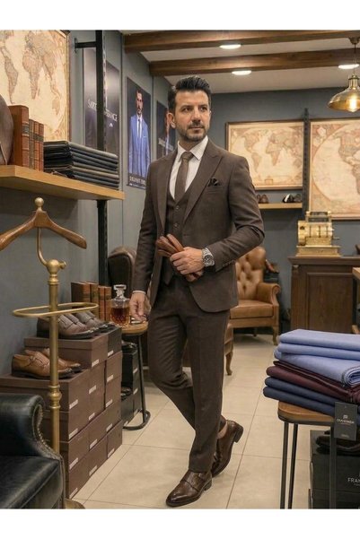 ŞIK ADAM Erkek Kahverengi İtalyan Kesim Yelekli Takım Elbise - Ceket, Pantolo...