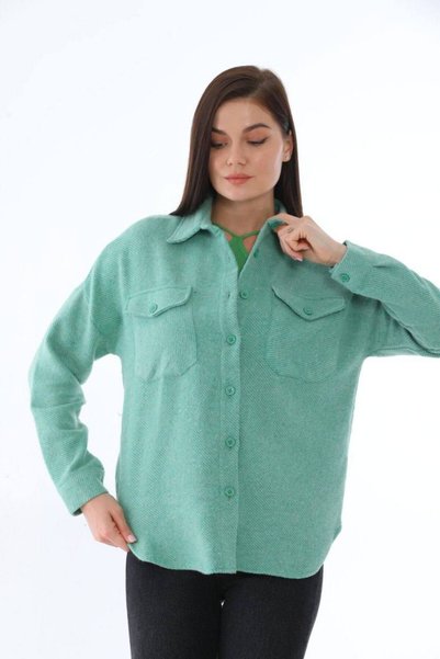 Polologin Butik Jachetă cămașă tip lumberjack oversize, verde mentă, cu buzun...