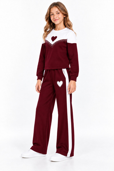 PEMBE LİFE 65510-26 Girl's Heart Detailed Sweatshirt and Wide Leg Sweatpants Set with Side Stripes, Ages 11-14