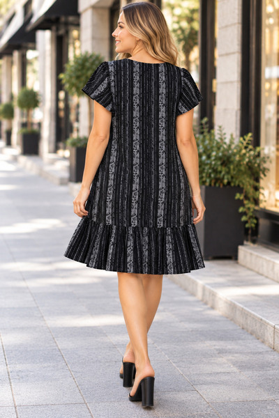 moonra collection Black Ethnic Pattern Ruffle Detail Midi Dress